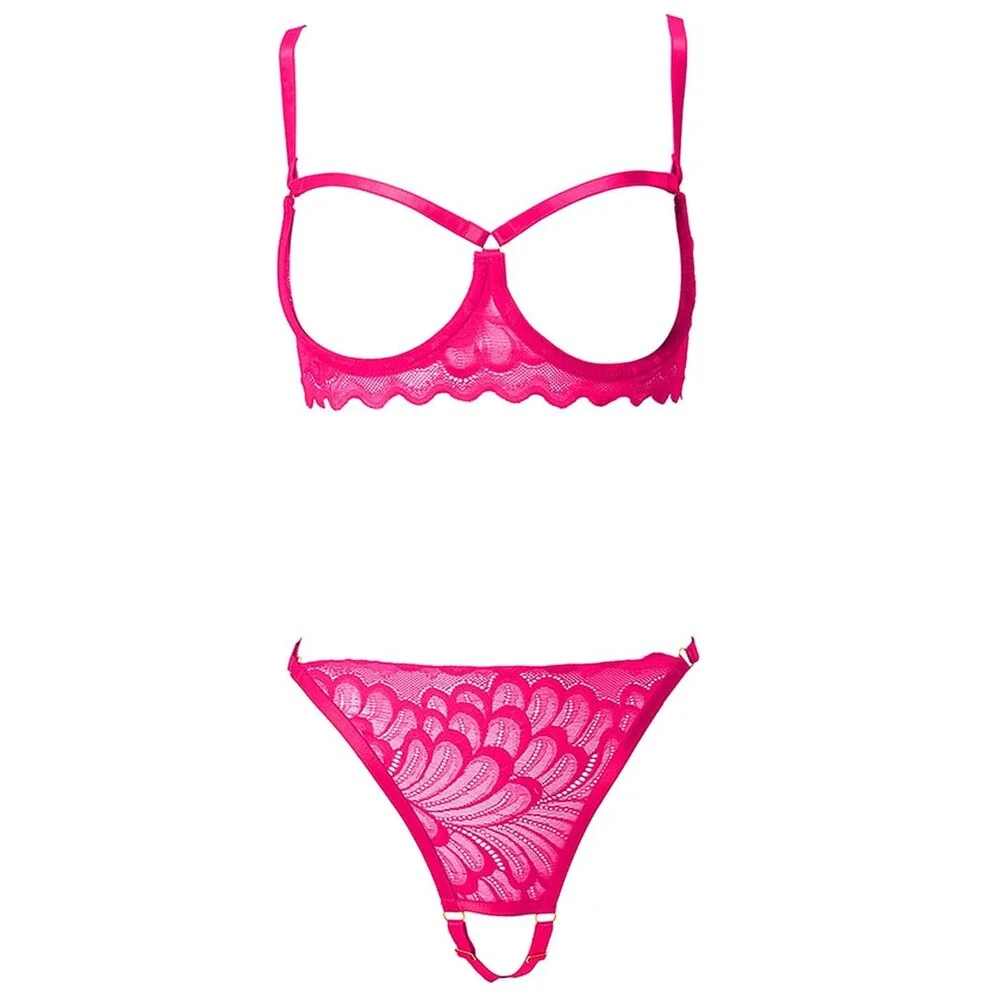 Hot Pink Sheer Lace Lingerie Bra Panty Set 2-Piece M - NWT